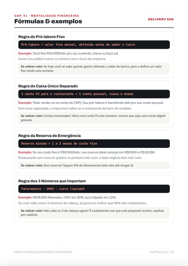 Página de fórmulas e exemplos de precificação